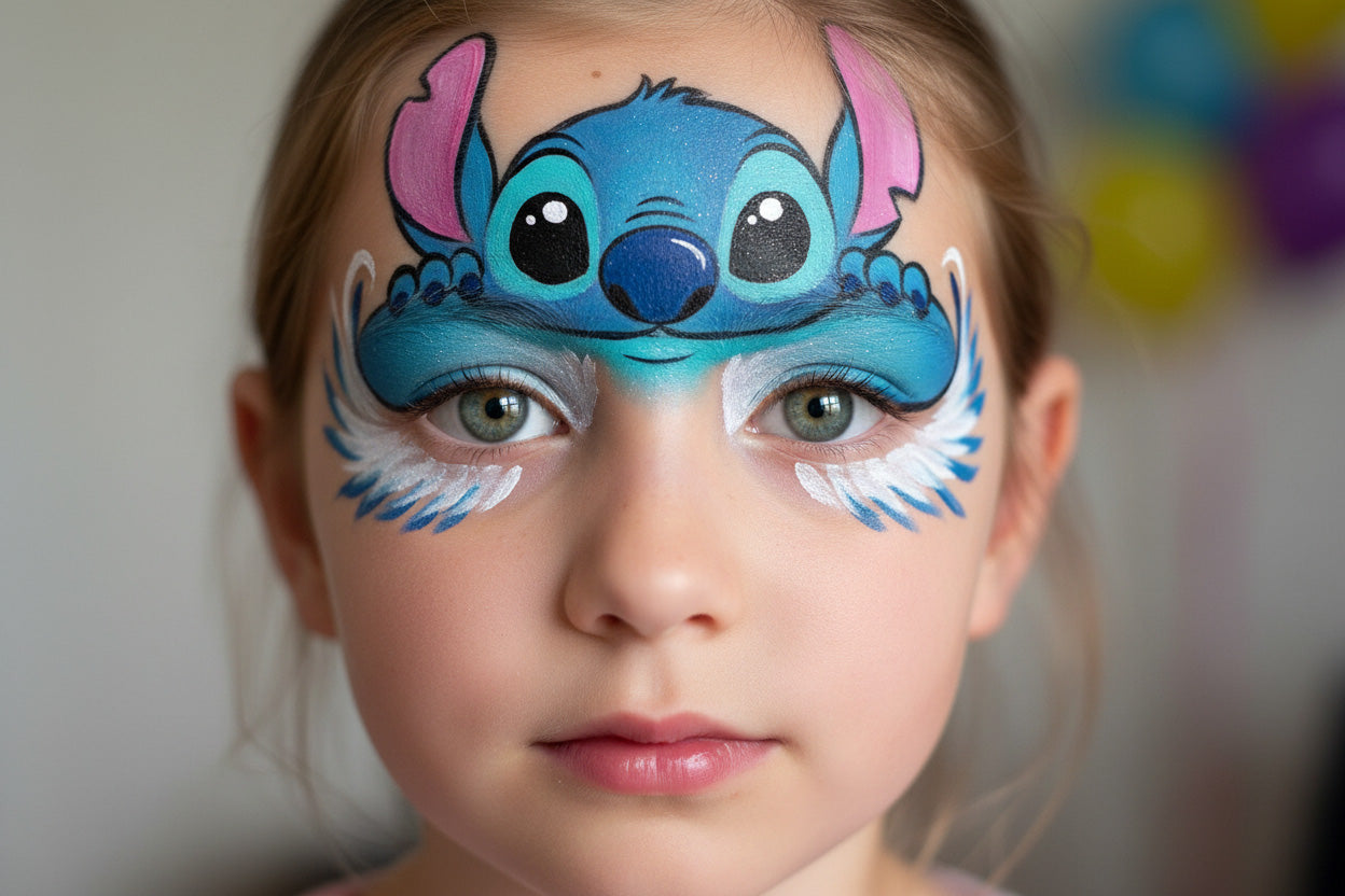 kind met stitch schmink stap voor stap geschminkt in blauwe kleuren