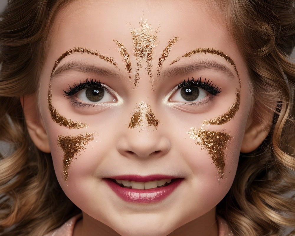 Festival glitter schmink in goud rond ogen en wangen als make-up inspiratie