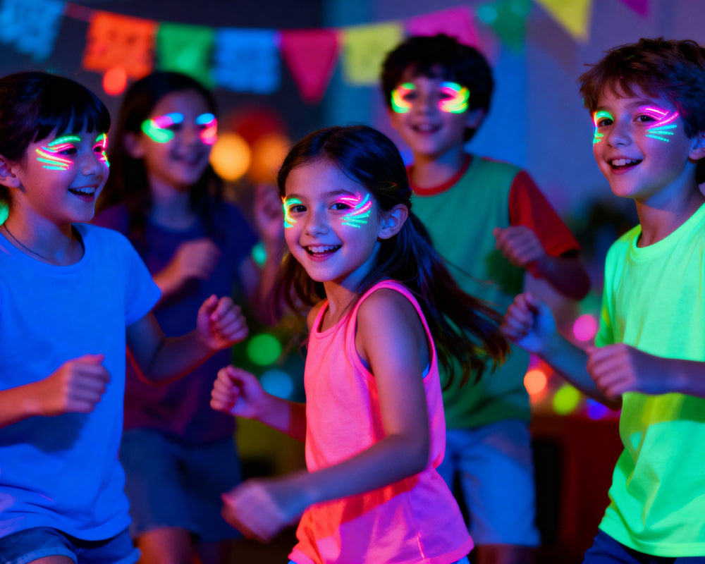 Kinderen met glow in the dark schmink tijdens een feestje