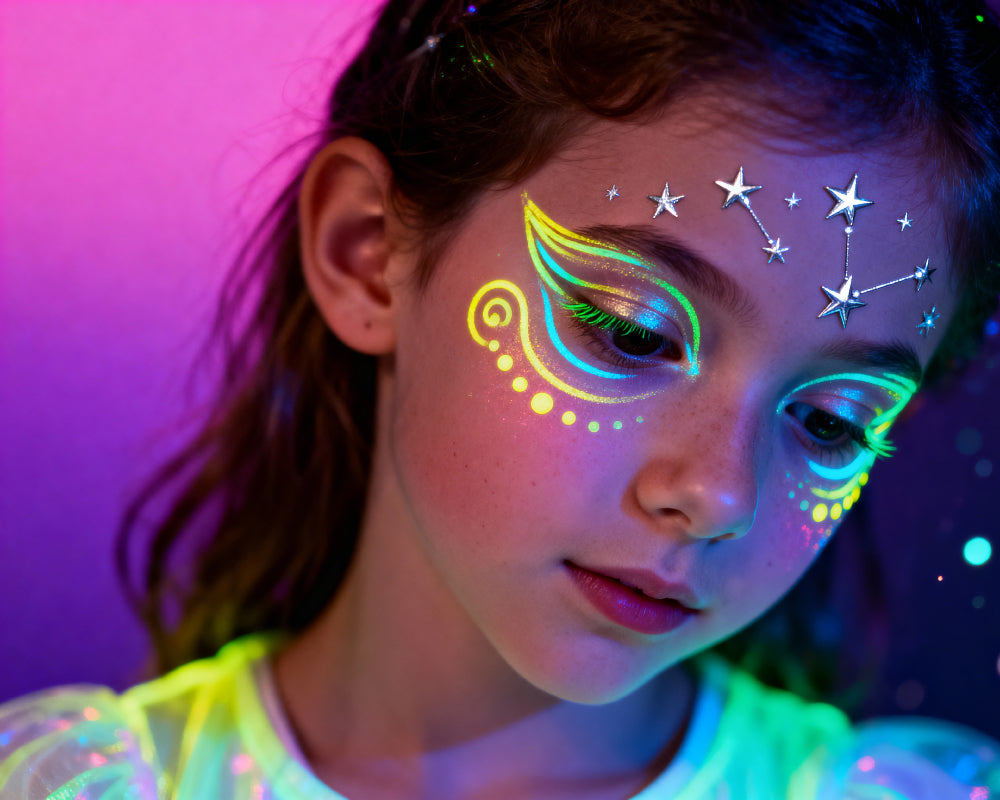 Creatieve patronen gemaakt met glow in the dark schmink