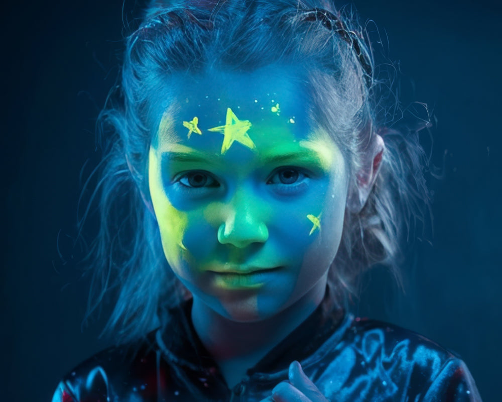 Kind met glow in the dark effecten uit een schmink set onder blacklight