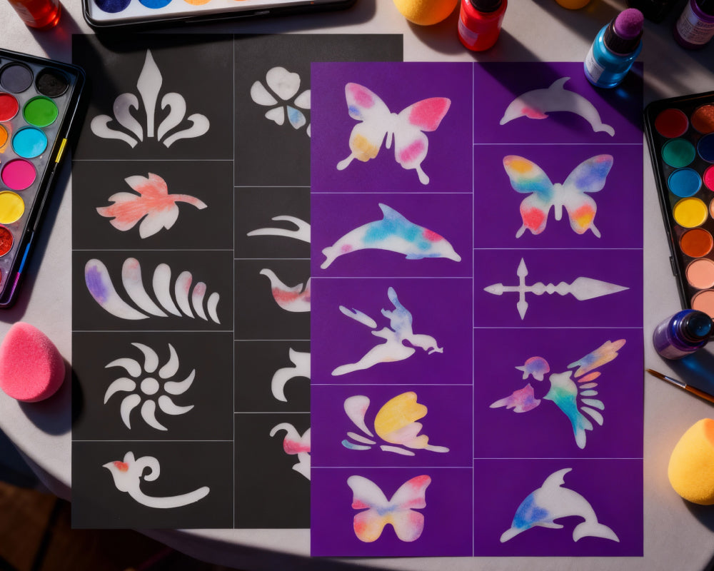 Diverse schmink sjablonen liggen naast kleurrijke schminkpaletten op tafel