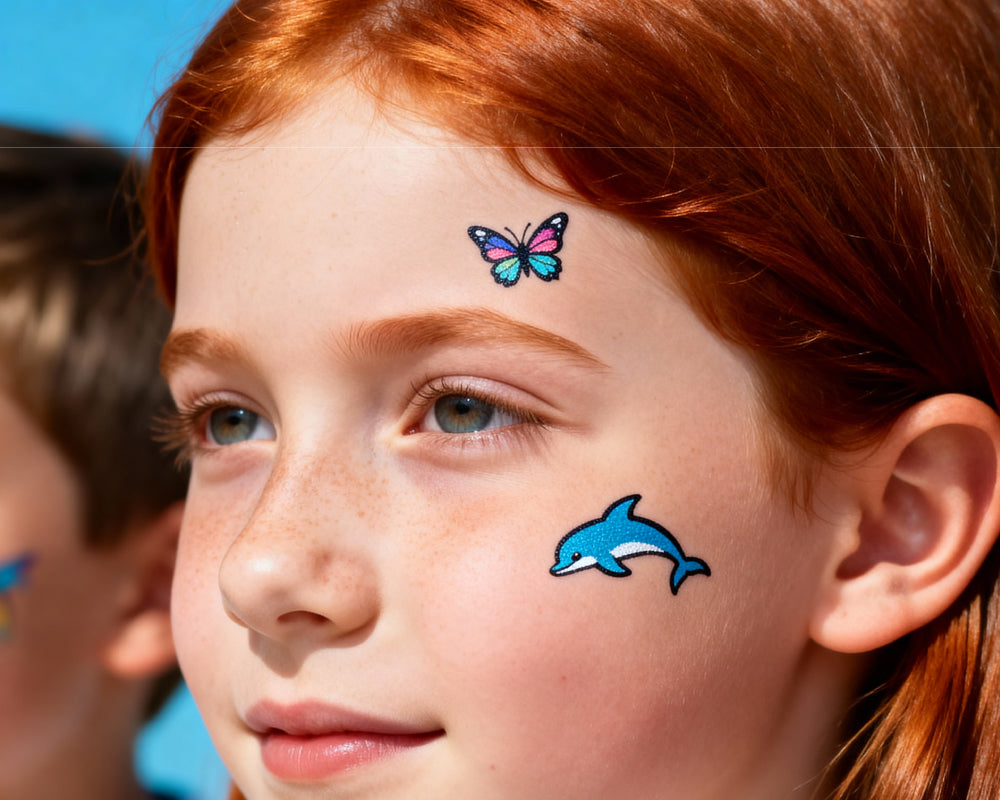 Meisje met dieren schmink gemaakt met schmink sjabloon dieren