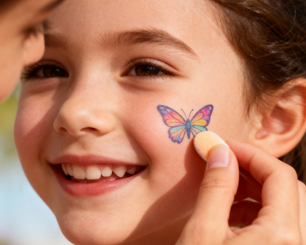 Ouder brengt vlinder schmink sjabloon aan bij kind met sponsje