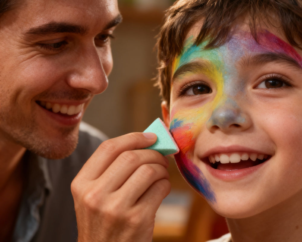 Ouder dept kleurrijke basislaag op kindergezicht met schmink sponsje