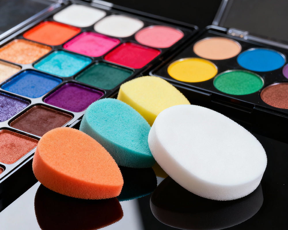 Verschillende schmink sponsjes liggen naast kleurrijke waterbasis schminkpaletten