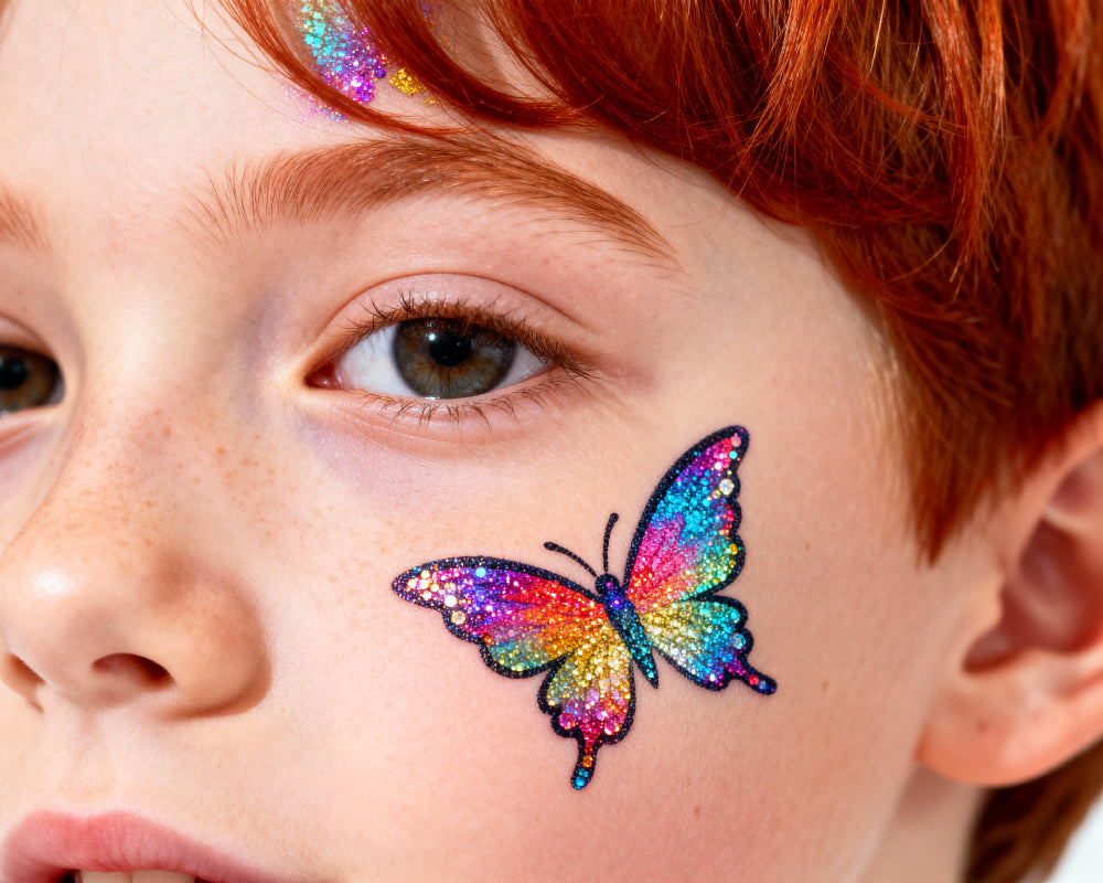 Meisje met vlinder sjabloon schmink met glitter schmink