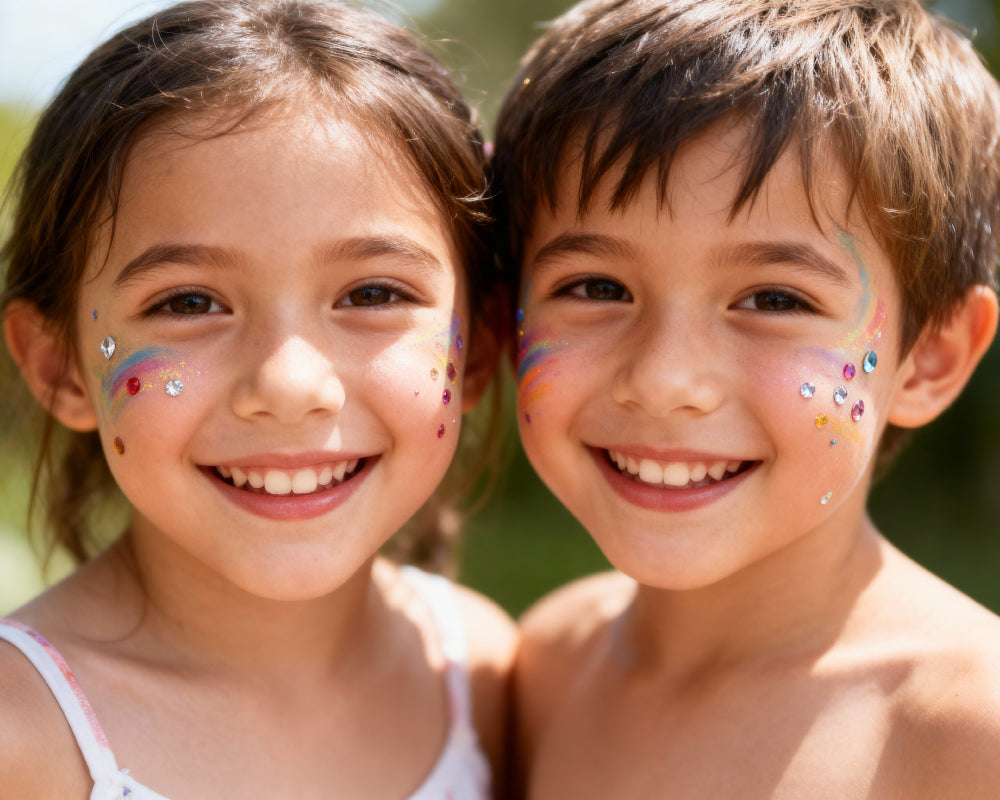 Gezicht versierd met schmink steentjes diamant